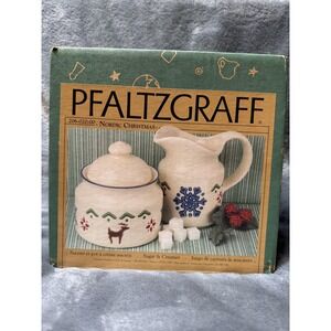 Vintage Pfaltzgraff Nordic Christmas Sugar & Creamer Stoneware Snowflake Deer